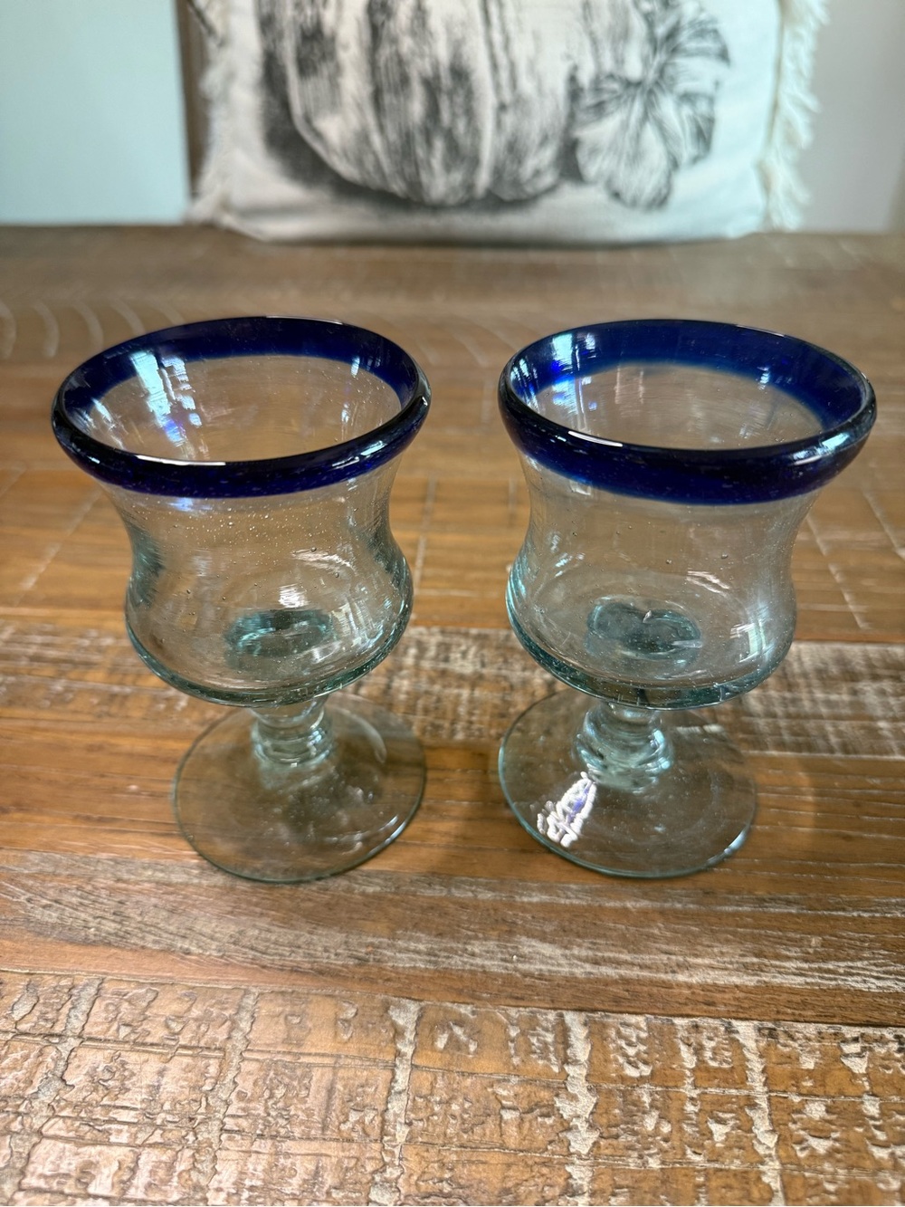 Hand-blown Mexican glass goblets. 4.5 inches tall set of 2